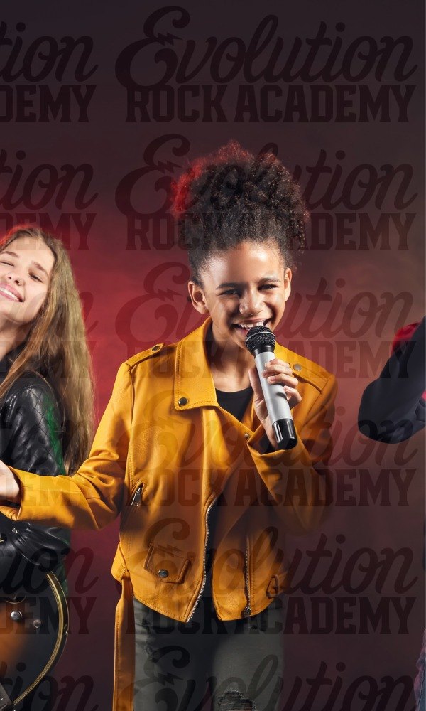 A young singer in a yellow jacket at the microphone with her band