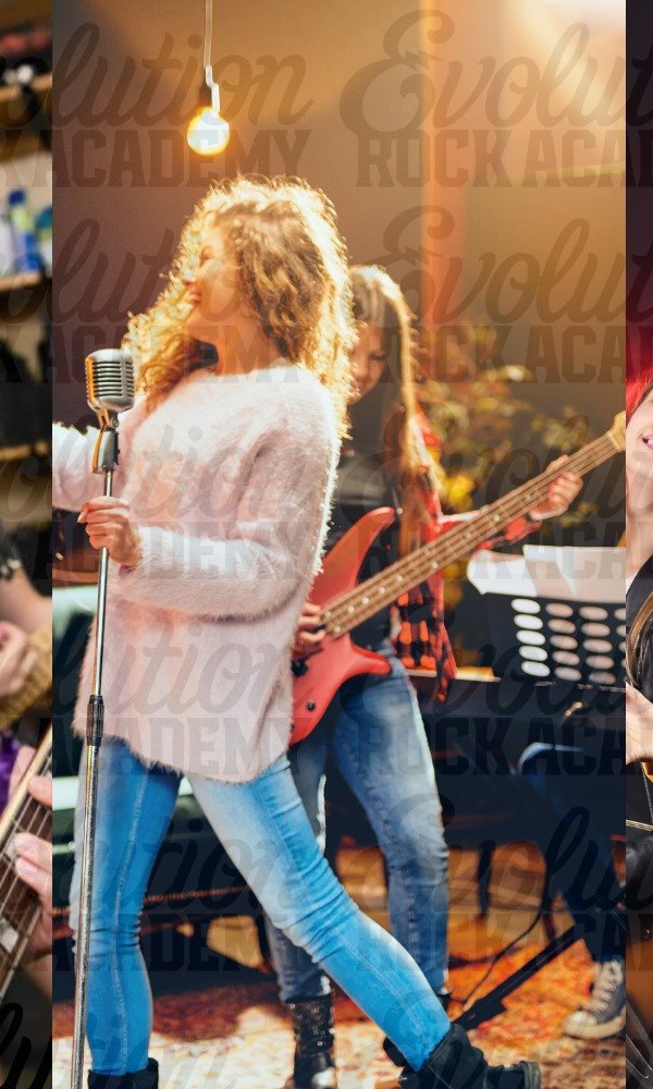 A young singer at a vintage microphone with a bass player behind her